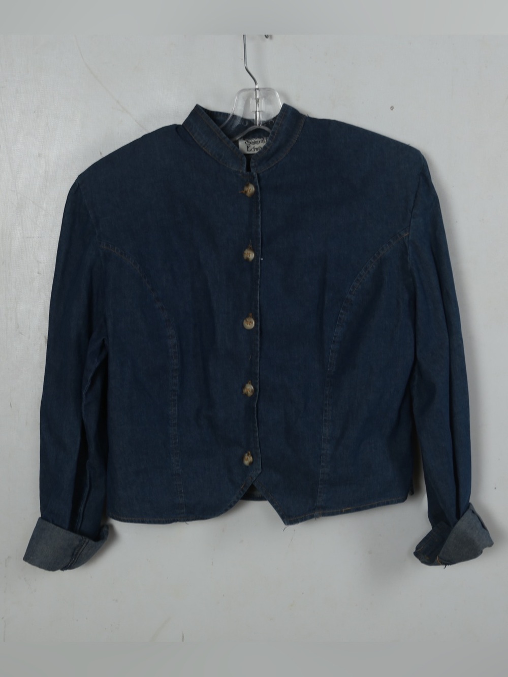 Dark Indigo Band-Collar Denim Jacket by Courtenay